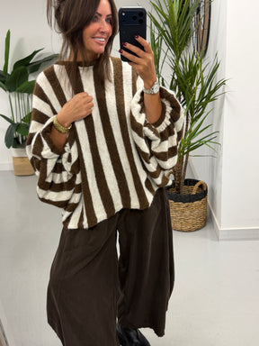 Zeta Otto Stripe Chunky Sleeve Knit - Chocolate (Size 10-18)