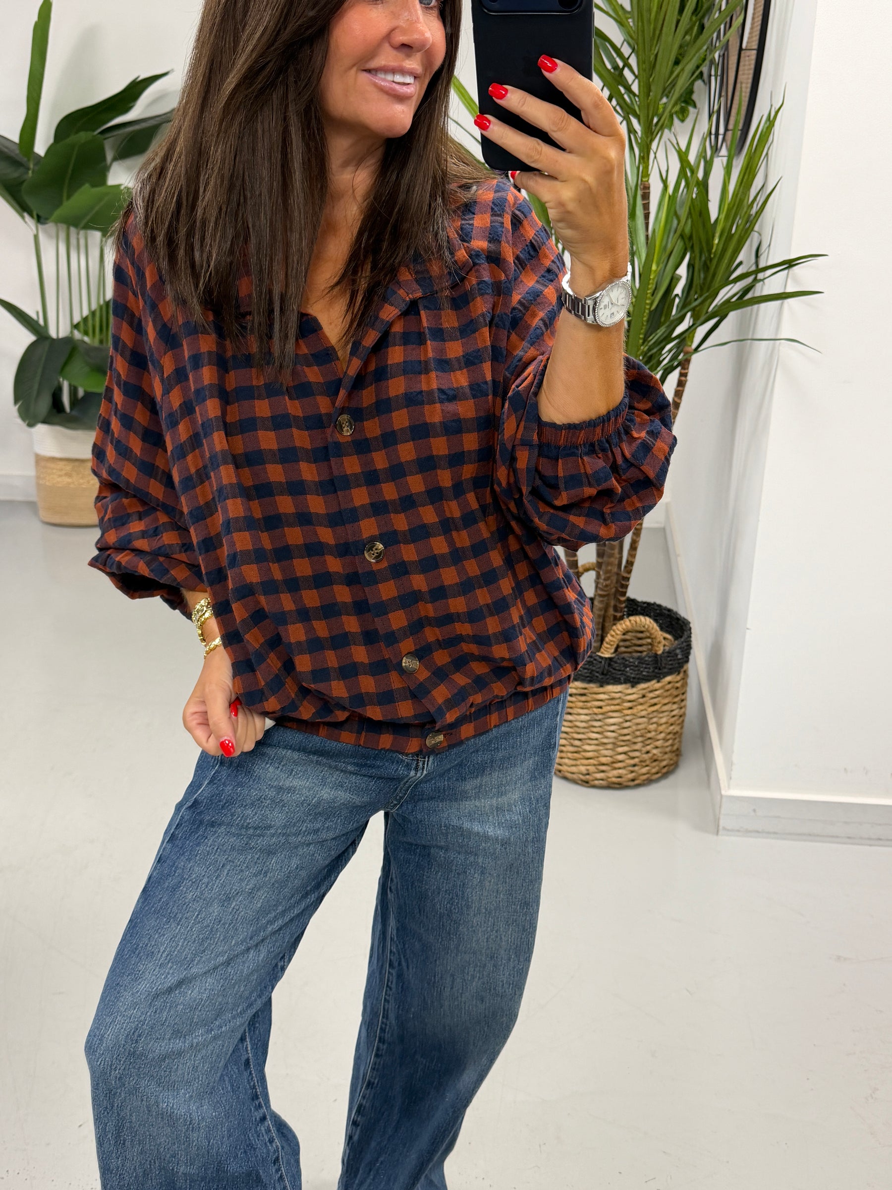 Autumn Check Button Up Bomber - Rust/Navy