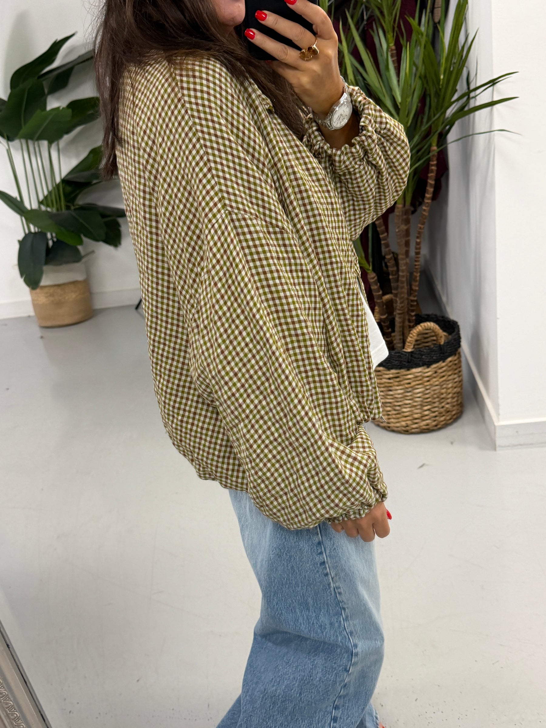 The Plaid Slouchy Bomber - Pistachio/Wine