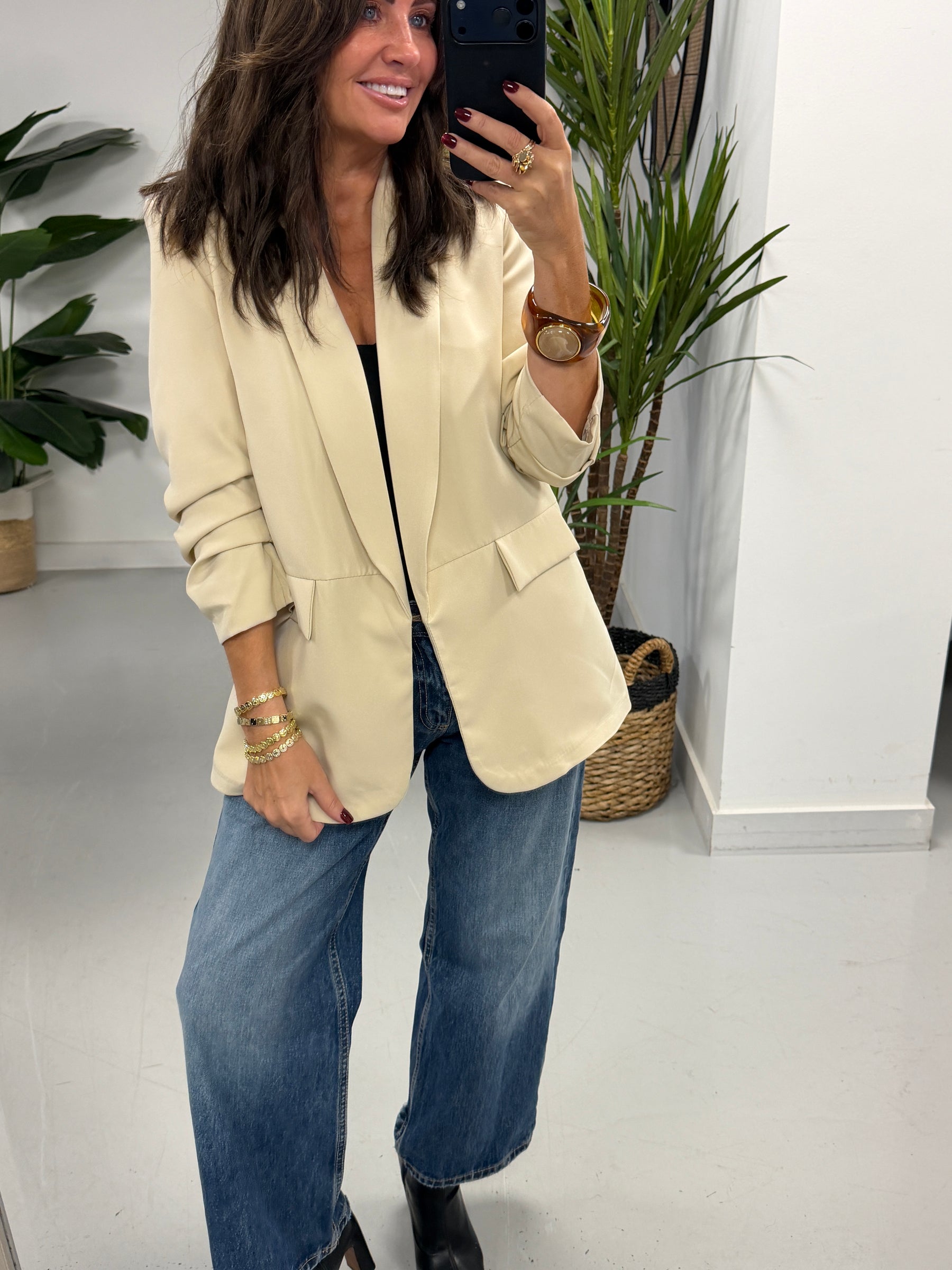 Ruched Sleeve Blazer - Cream (Plus sizes)