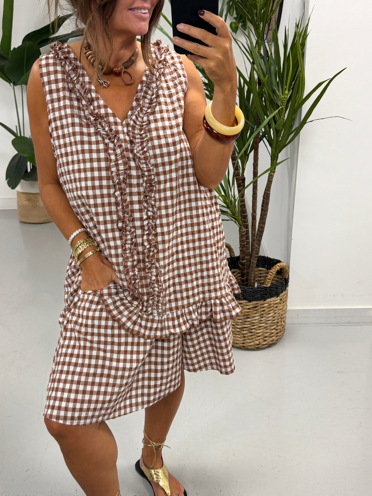 Gingham Elasticated Waist Shorts - Light Chocolate