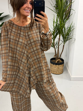 The Herritage Check Barrel Needlecord Joggers - Taupe/Camel  (Size 12-18)