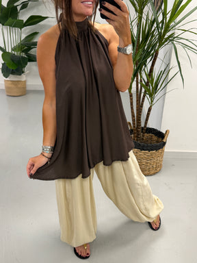 Crinkle Floaty Halter-neck Tunic - Chocolate