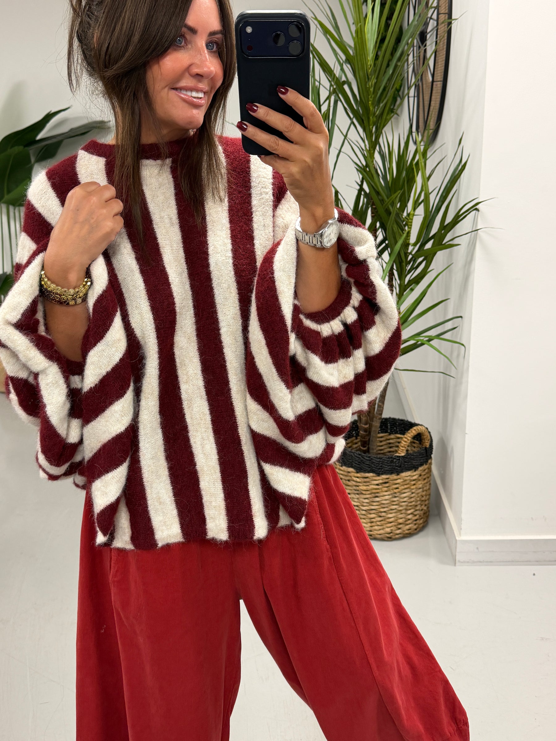 Zeta Otto Stripe Chunky Sleeve Knit - Wine (Size 10-18)