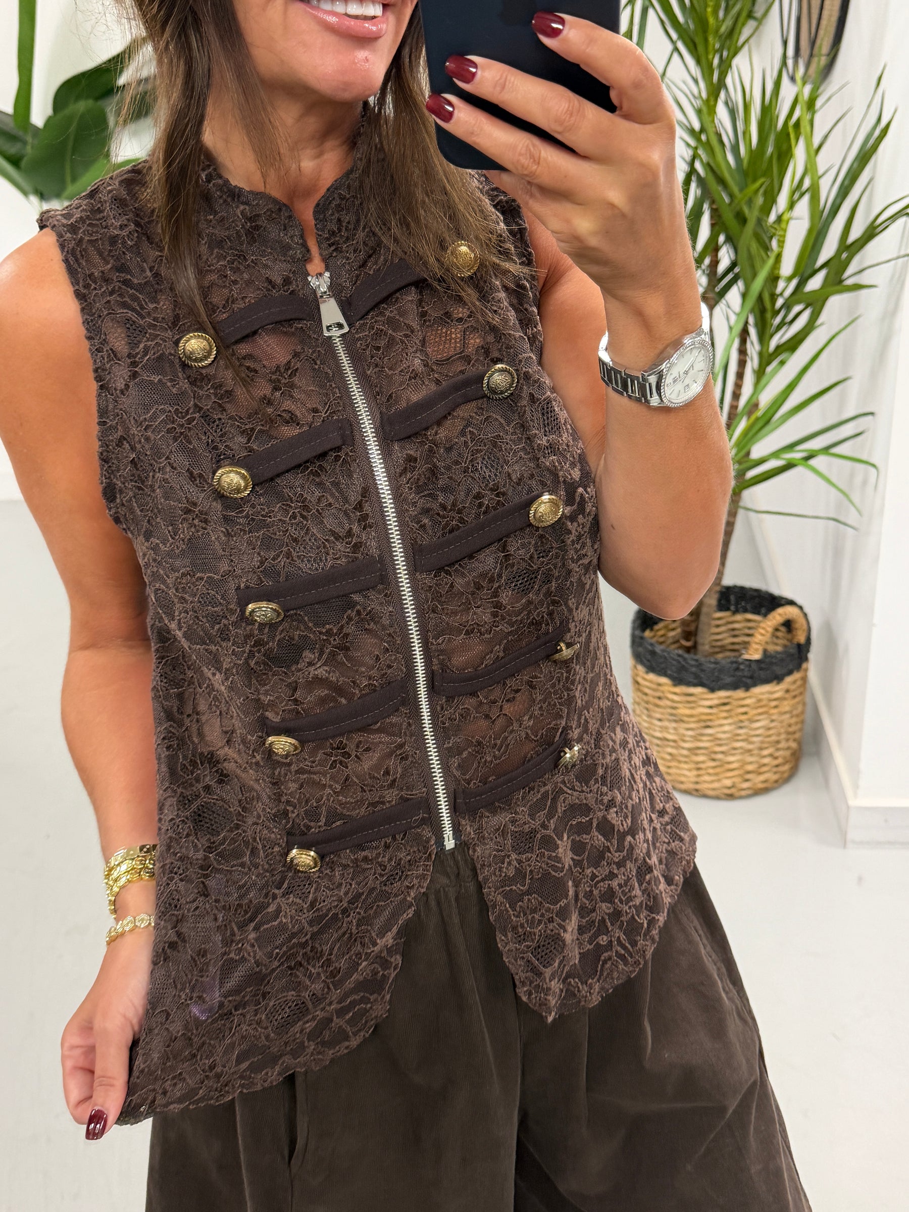 Lacey Military Waistcoat - Chocolate (Size 8-12)