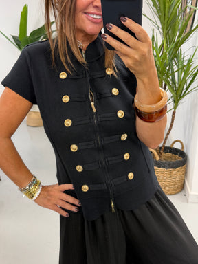Capped Sleeve Military Waistcoat - Black