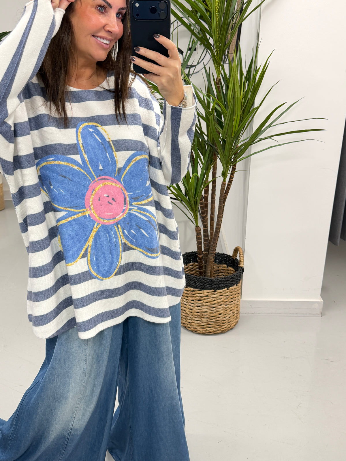 The Daisy/Stripe Soft Knit - Denim Blue