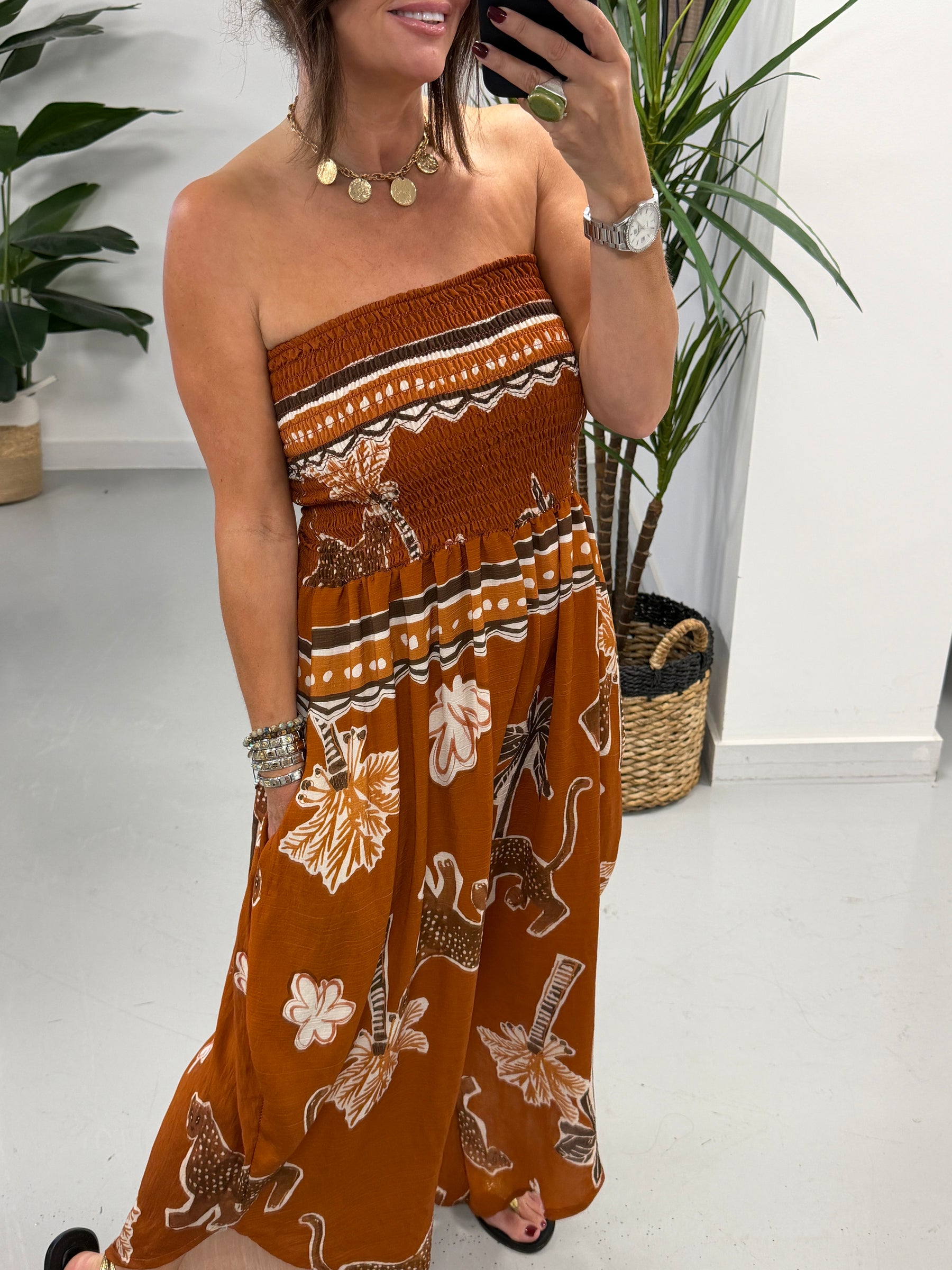 Funky Animal Bandeau Jumpsuit -Rust
