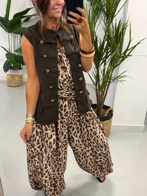 Wrap Crinkle Balloon Jumpsuit- Animal Print
