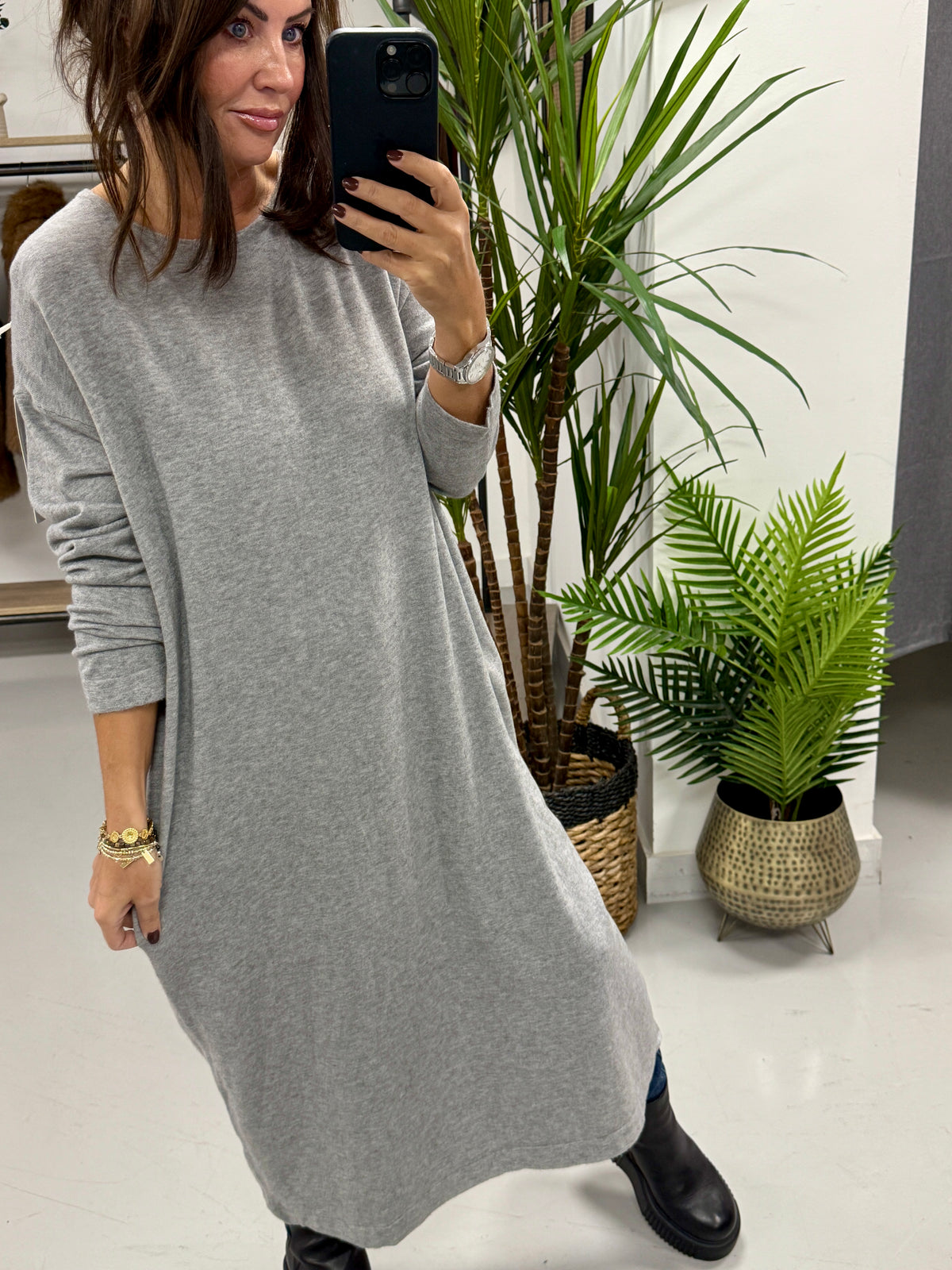Knitted Button Back Dress - Grey