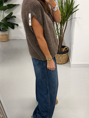 Button Up Slouchy Crop Sleeve Knit - Mocha