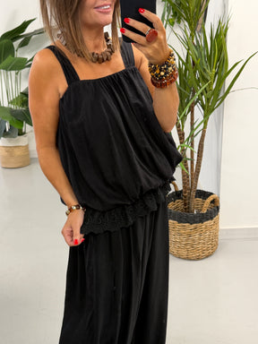 Crinkle Bubble Hem/Lace Cami - Black