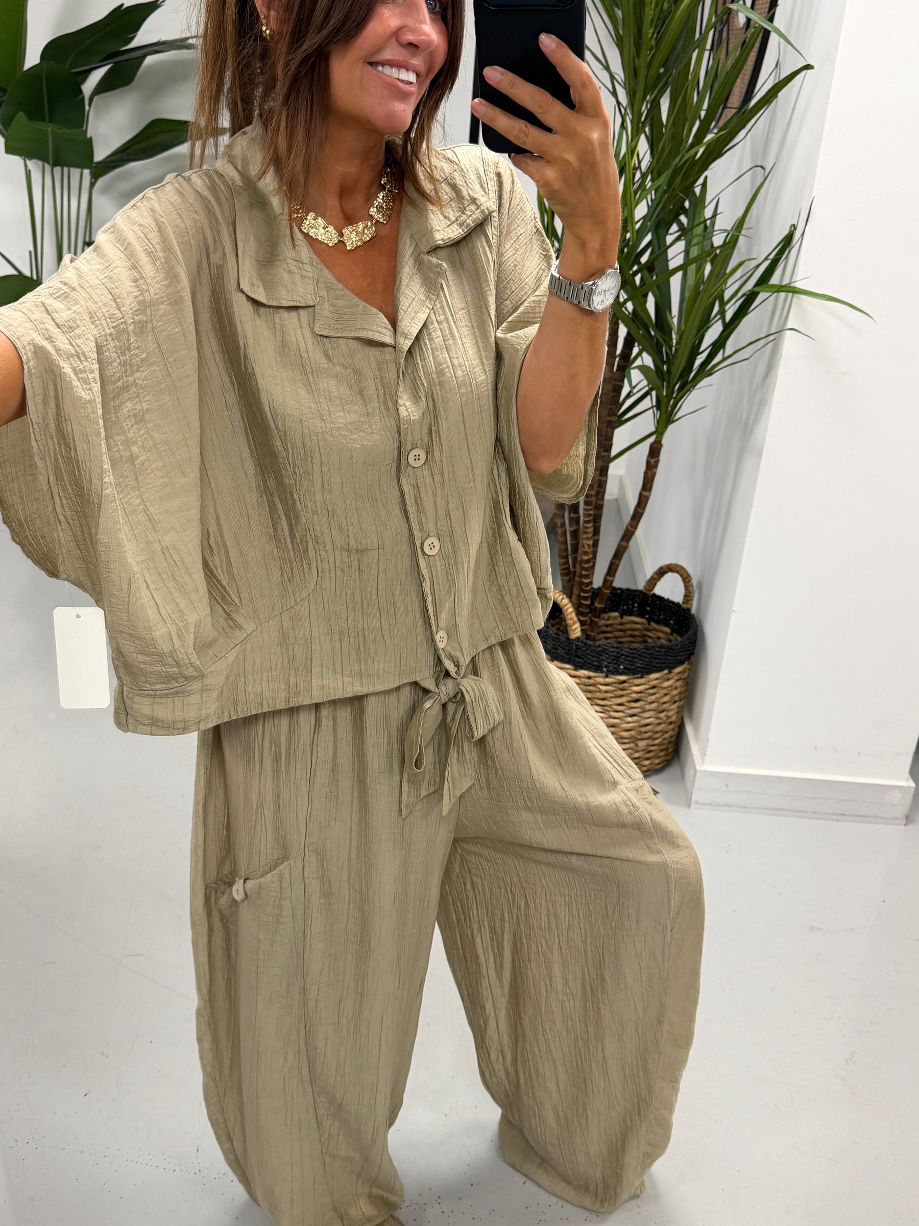 The Crinkle Button Tie Shirt - Sand