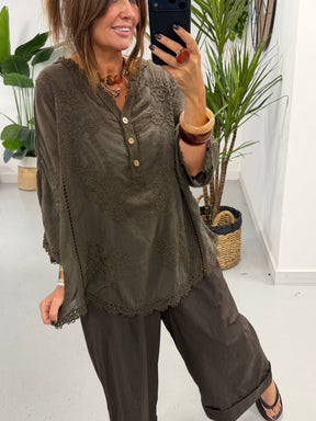 Seville Lace Button Up Top  - Chocolate