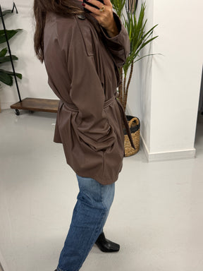 Faux & Fierce PU Trench Jacket - Chocolate (Size 12-16)