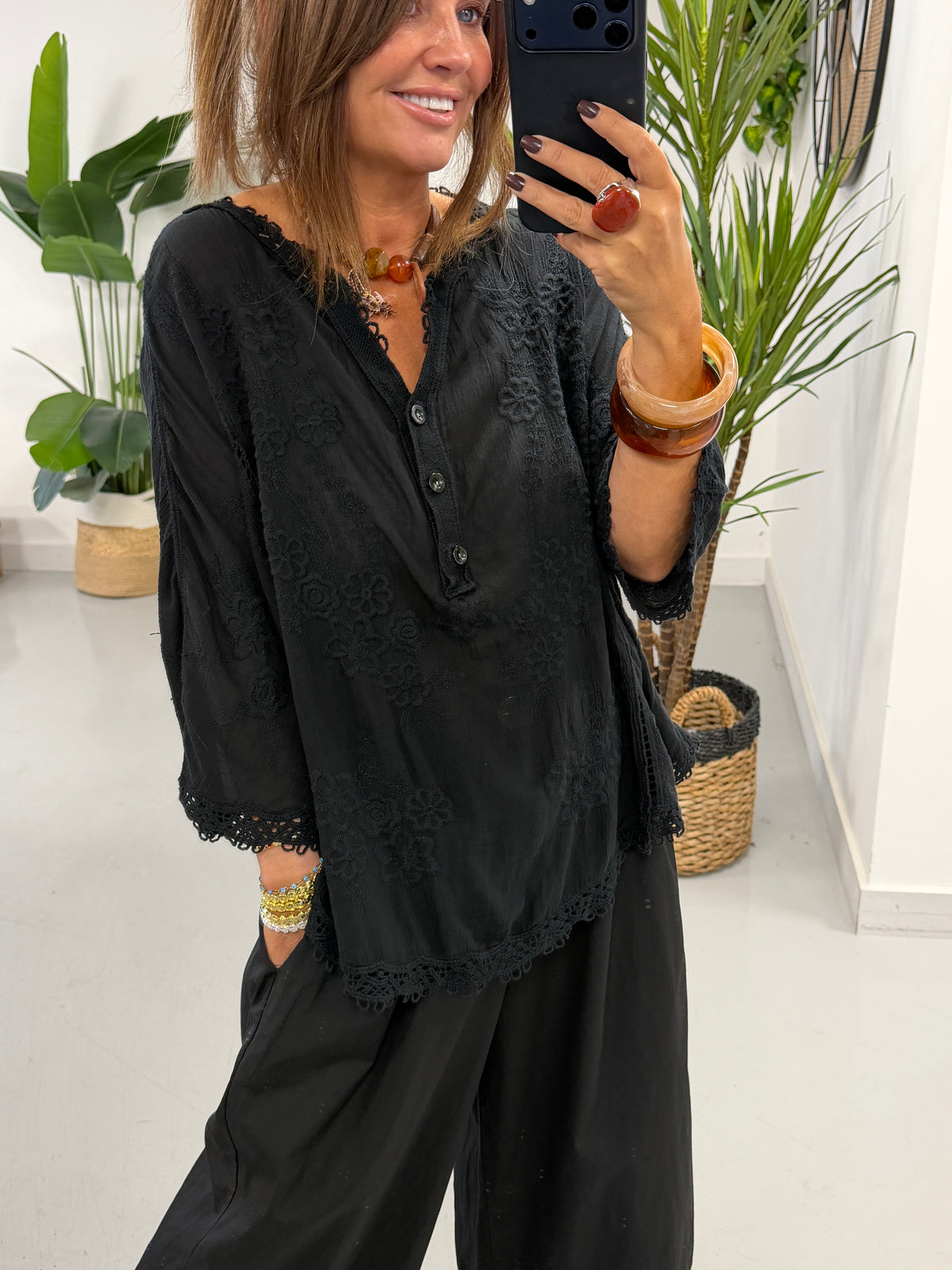 Seville Lace Button Up Top  - Black