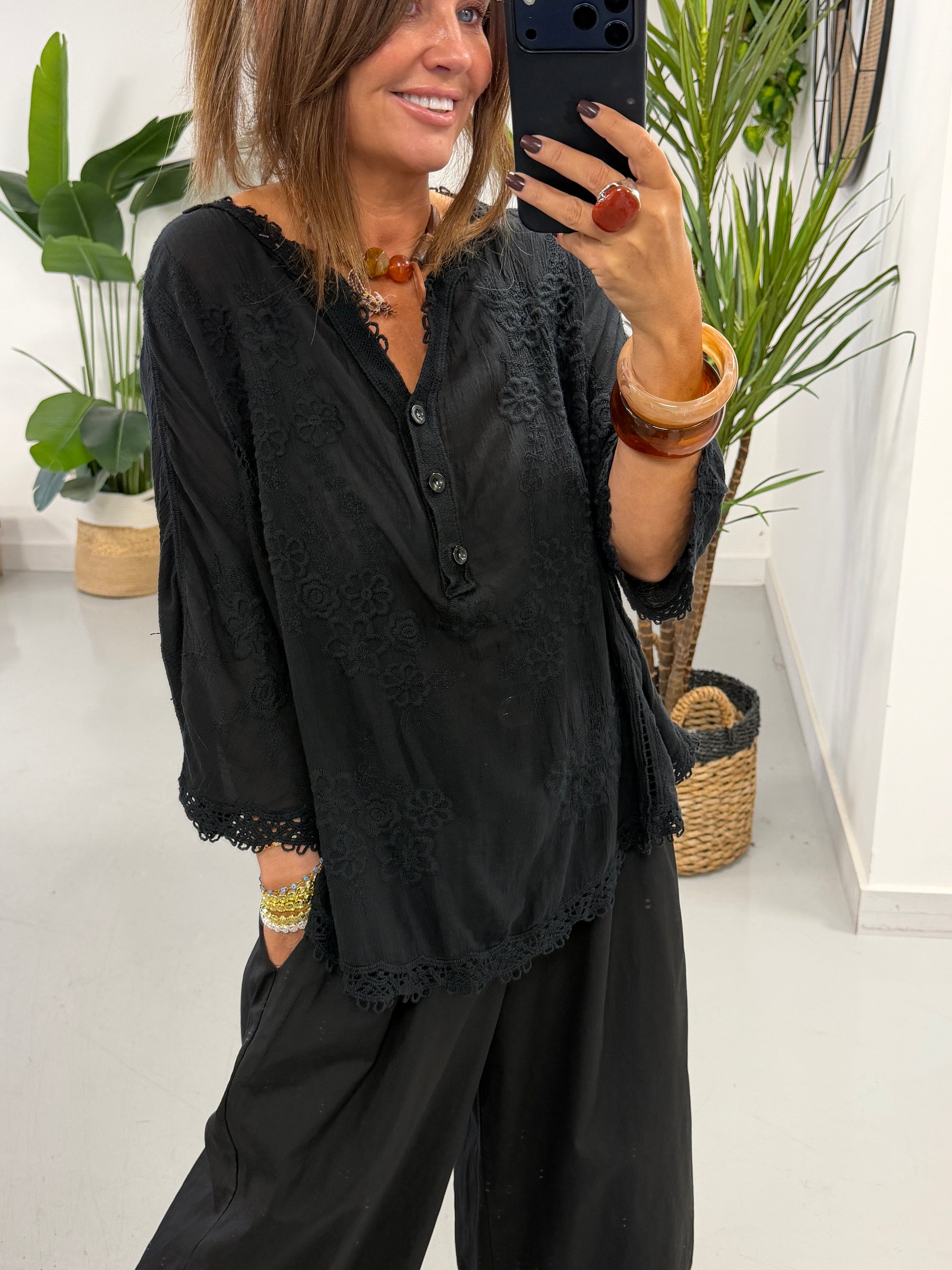 Seville Lace Button Up Top  - Black