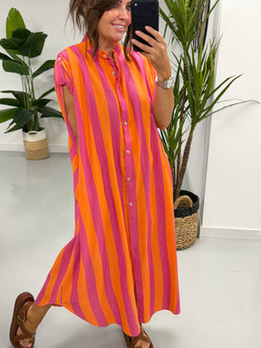 Sugar Rush Cotton Shirt Dress - Pink/Orange