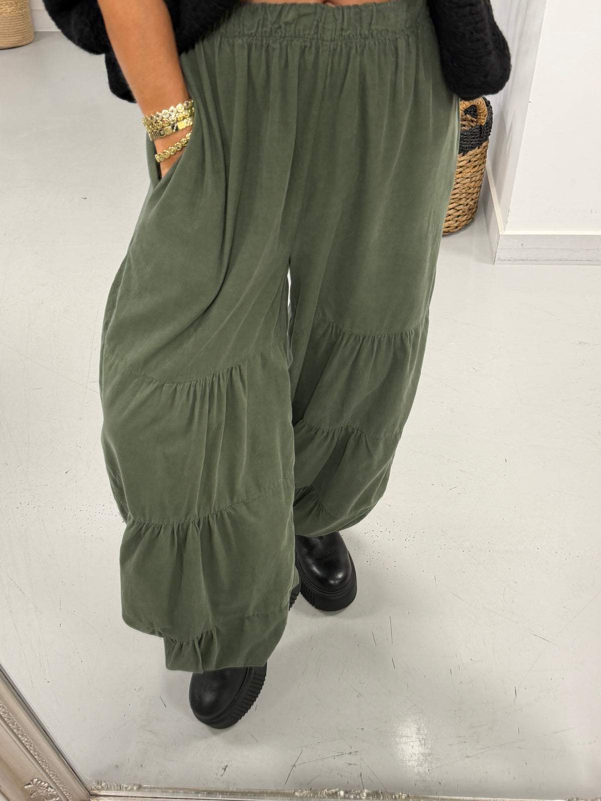 The Tiered Balloon Needlecord Trousers - Khaki