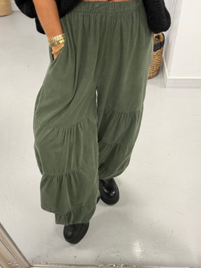 The Tiered Balloon Needlecord Trousers - Khaki