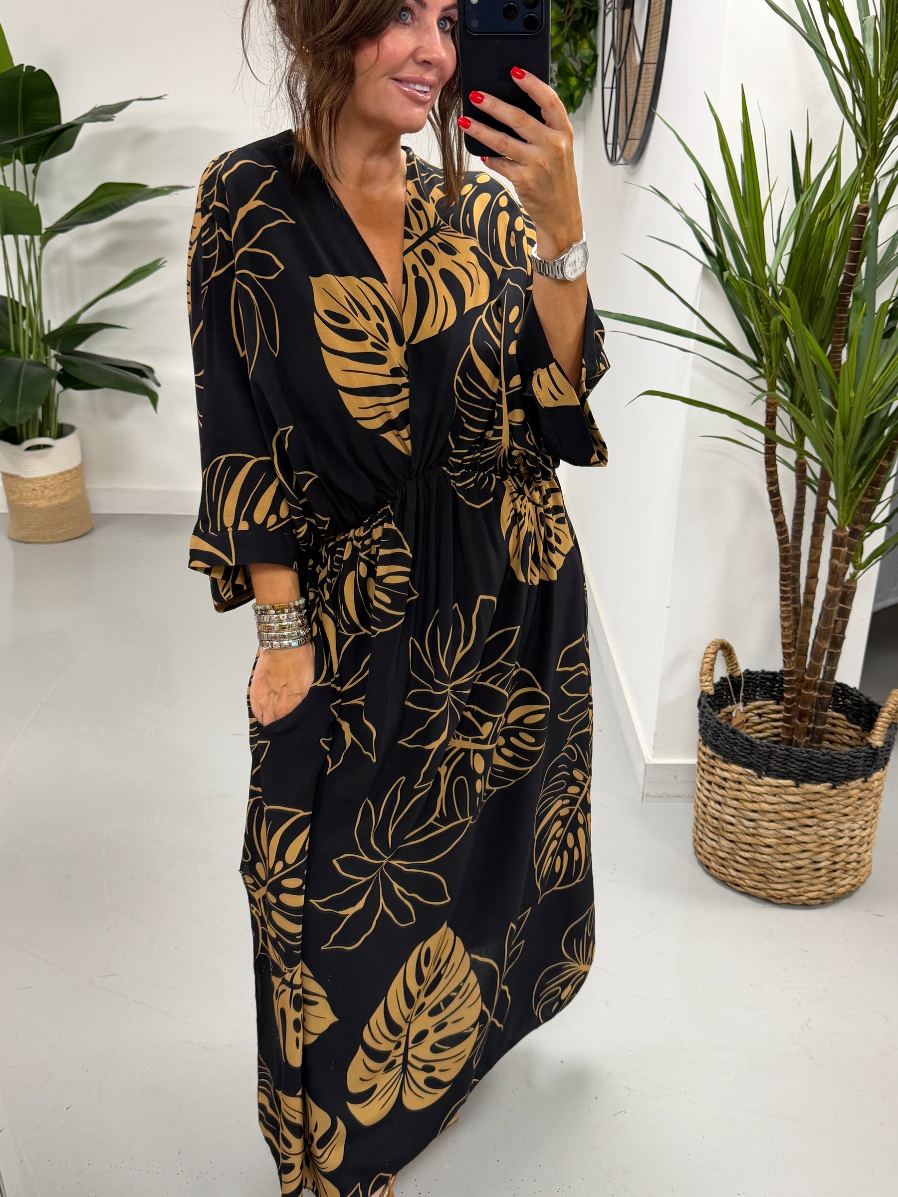 Leaf Cross Over Dress - Black/Gold