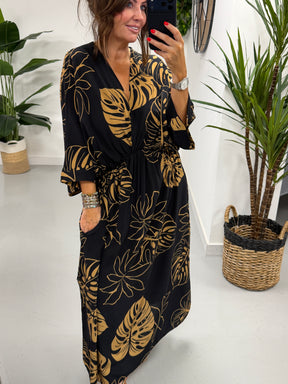 Leaf Cross Over Dress - Black/Gold