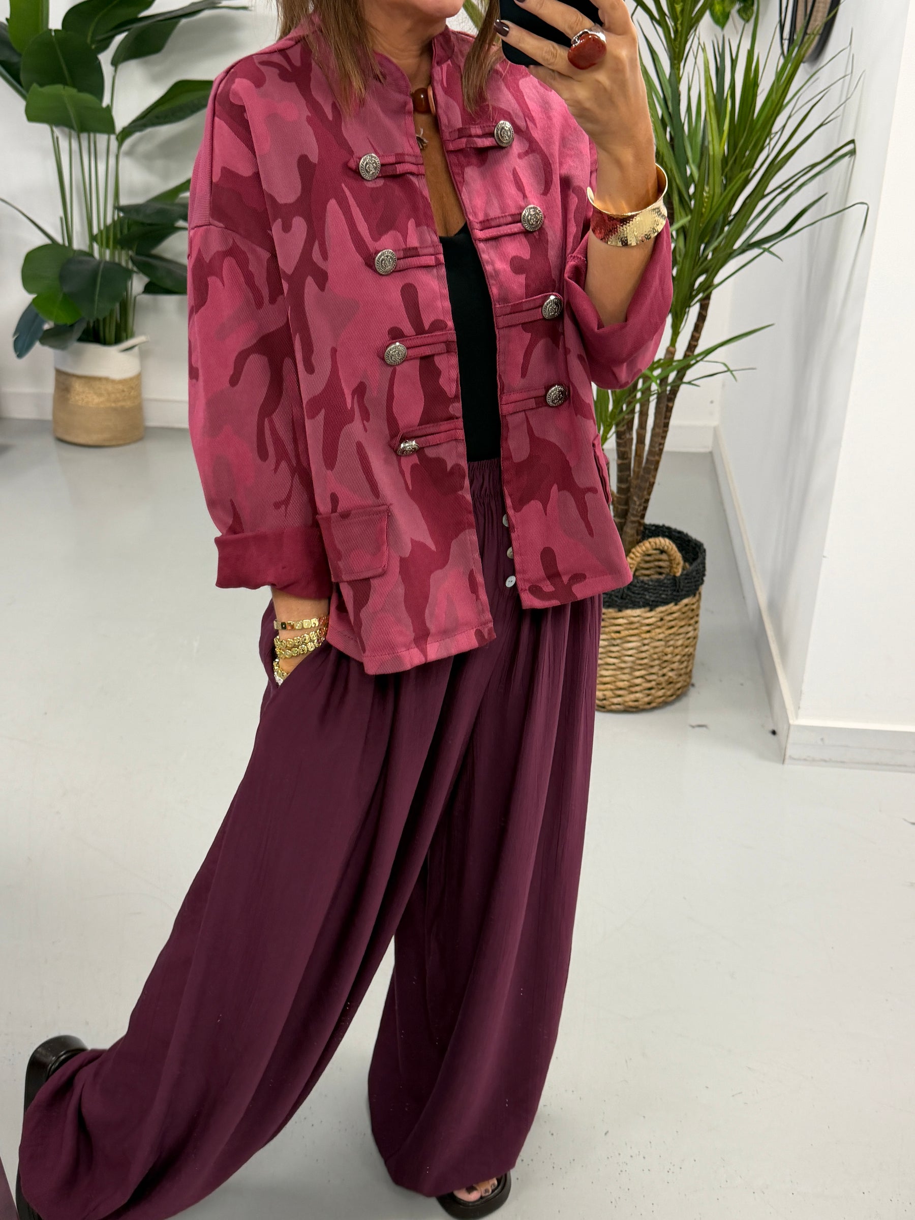 Camo Denim Military Jacket - Wine