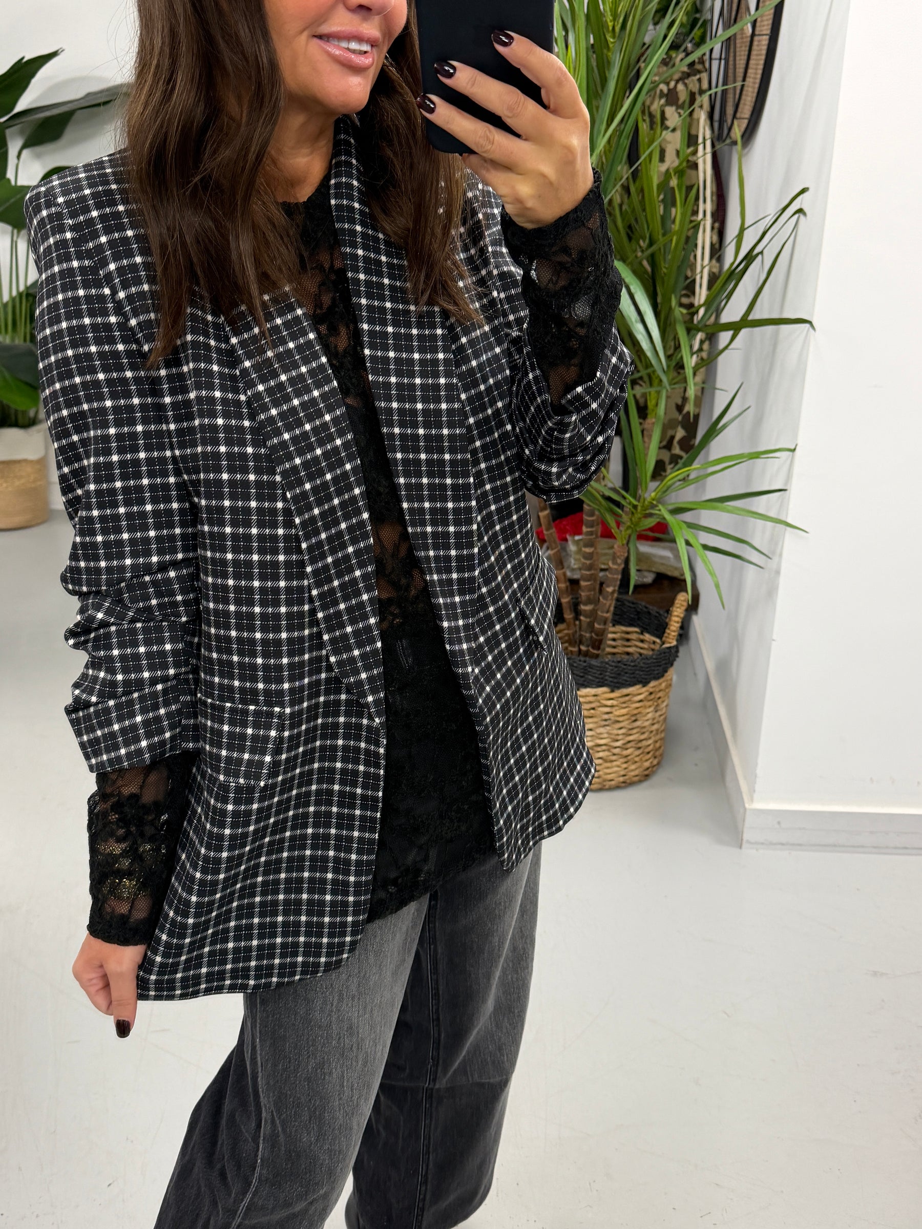 Plaid Ruched Sleeve Blazer - Black/White (Plus sizes)