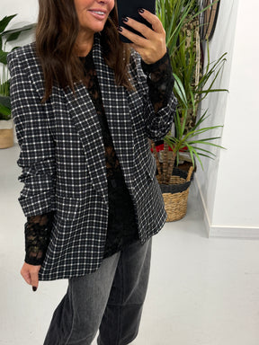 Plaid Ruched Sleeve Blazer - Black/White (Plus sizes)