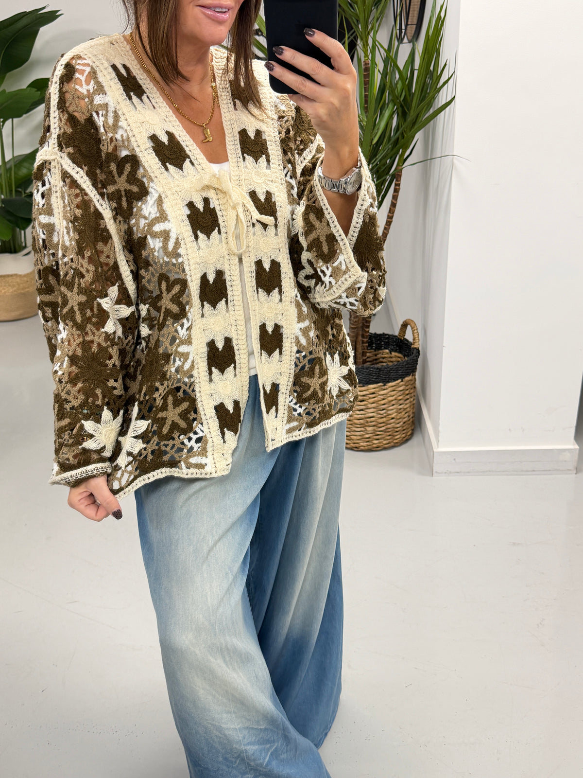 Sorrento Flower Crochet Tie Front Cardigan - Chocolate/Cream