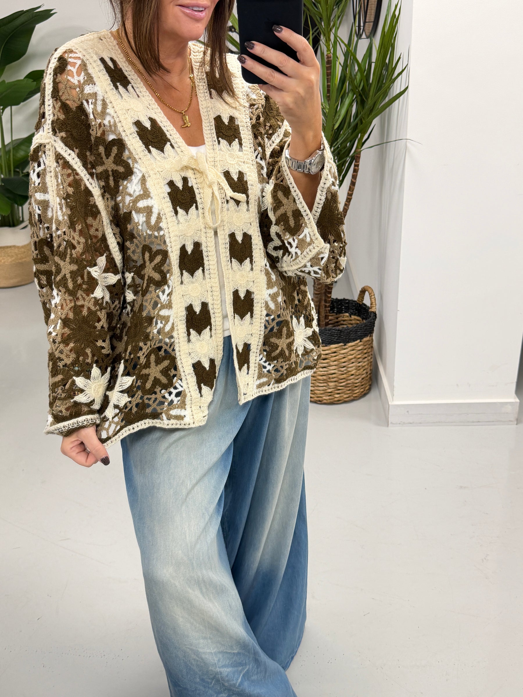 Sorrento Flower Crochet Tie Front Cardigan - Chocolate/Cream