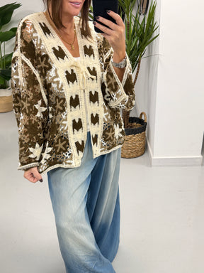 Sorrento Flower Crochet Tie Front Cardigan - Chocolate/Cream