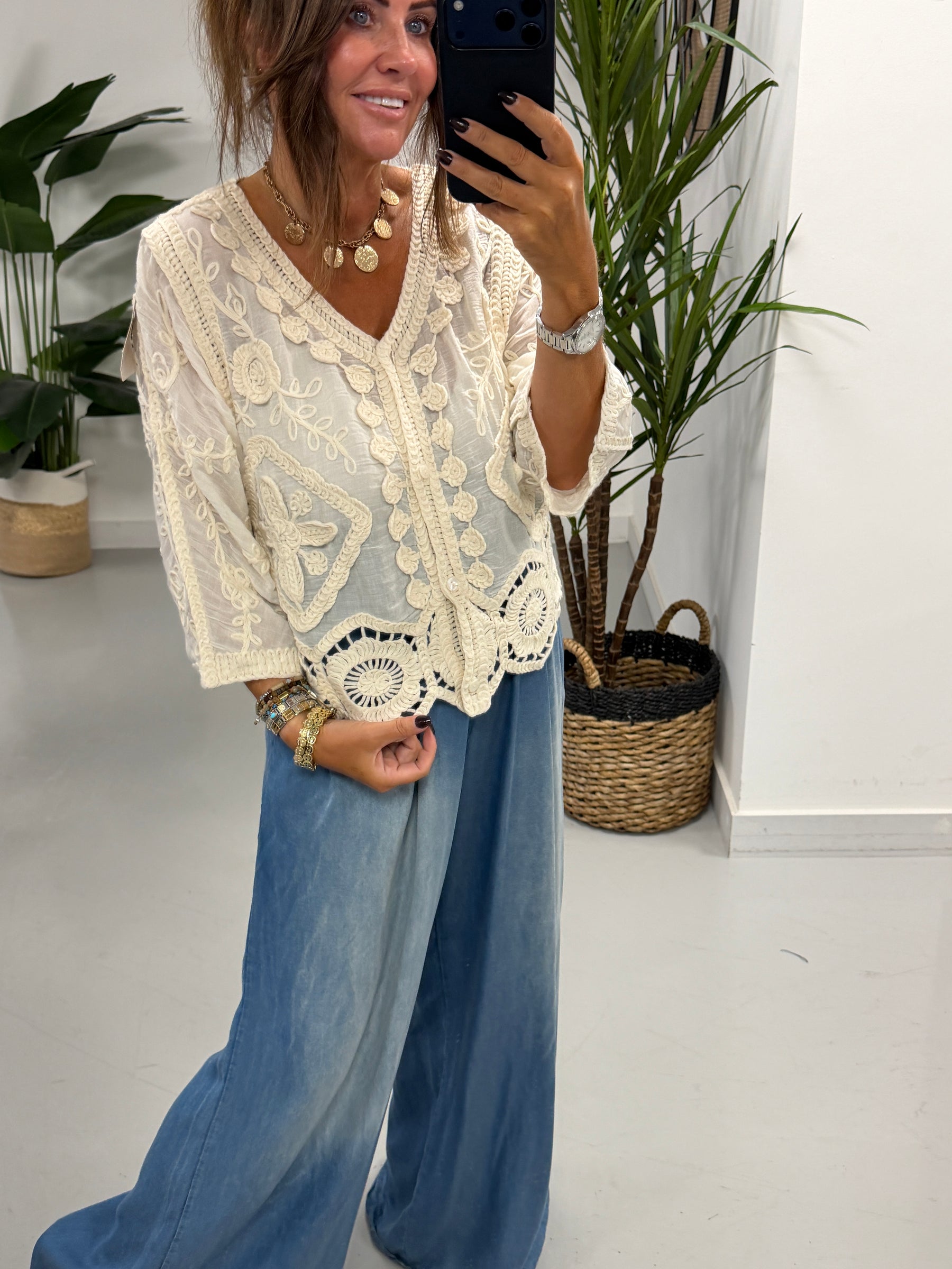 Sorrento Crochet Button Front  Cardigan - Cream