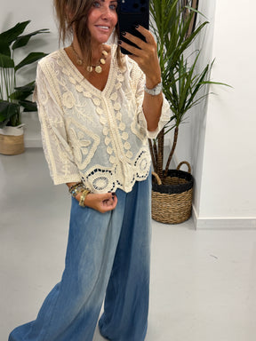 Sorrento Crochet Button Front  Cardigan - Cream