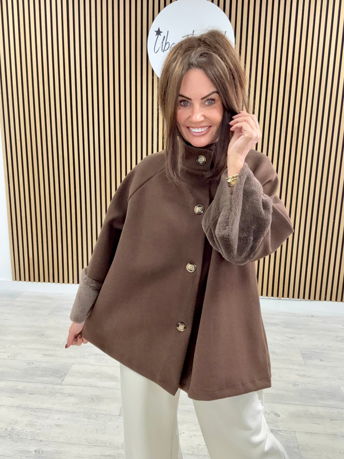 Faux Fur Sleeve Swing Jacket - Chocolate