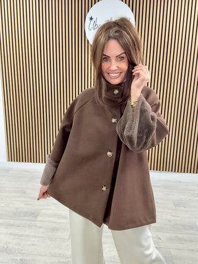 Faux Fur Sleeve Swing Jacket - Chocolate