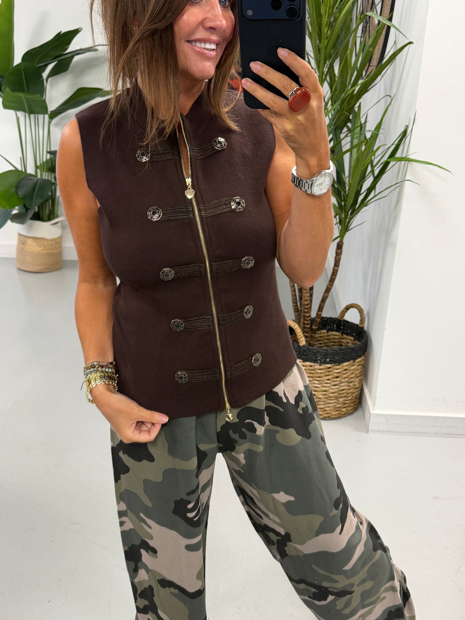 Knitted Military Waistcoat - Chocolate