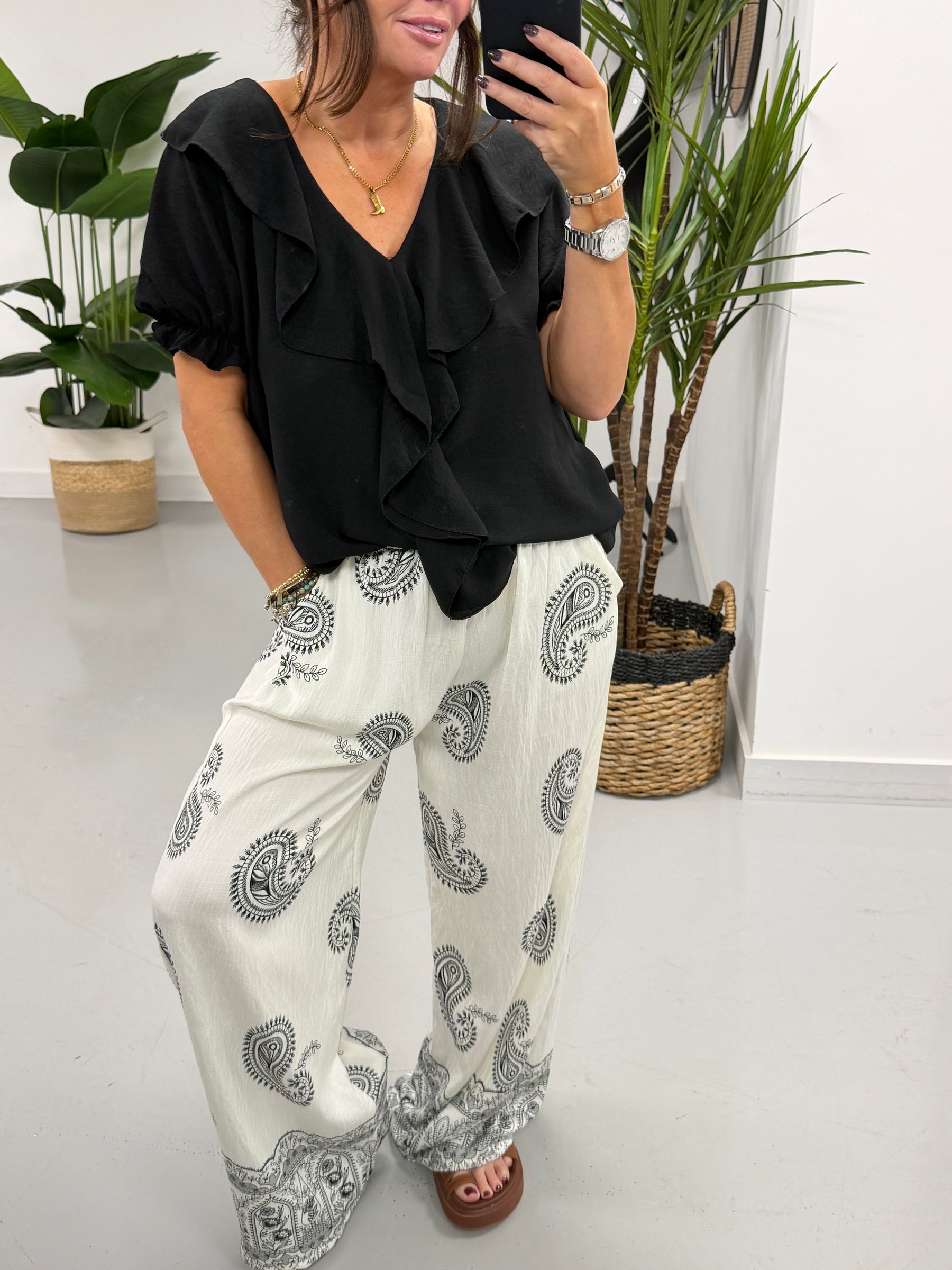 The Paisley Wide Leg Trouser - White/Black