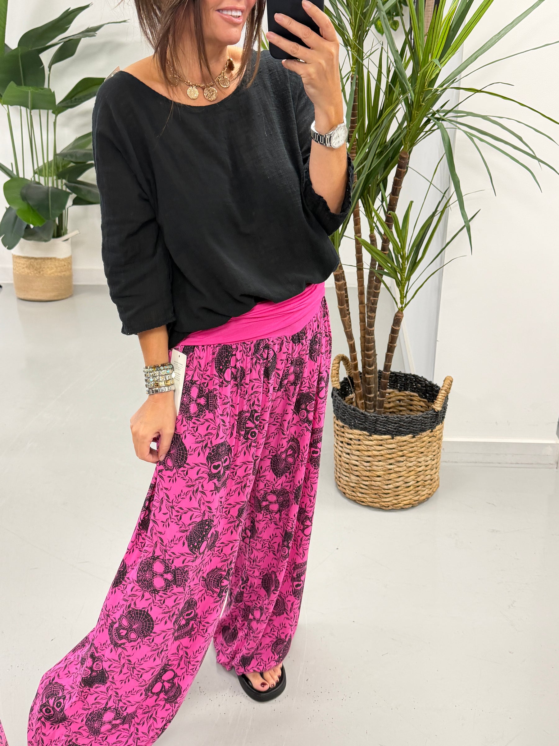 Ali Baba Slouch Pants - Hot Pink Skull
