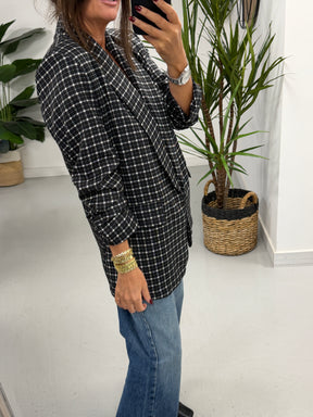 Ruched Sleeve Plaid Blazer - Black/White   (Std sizes)