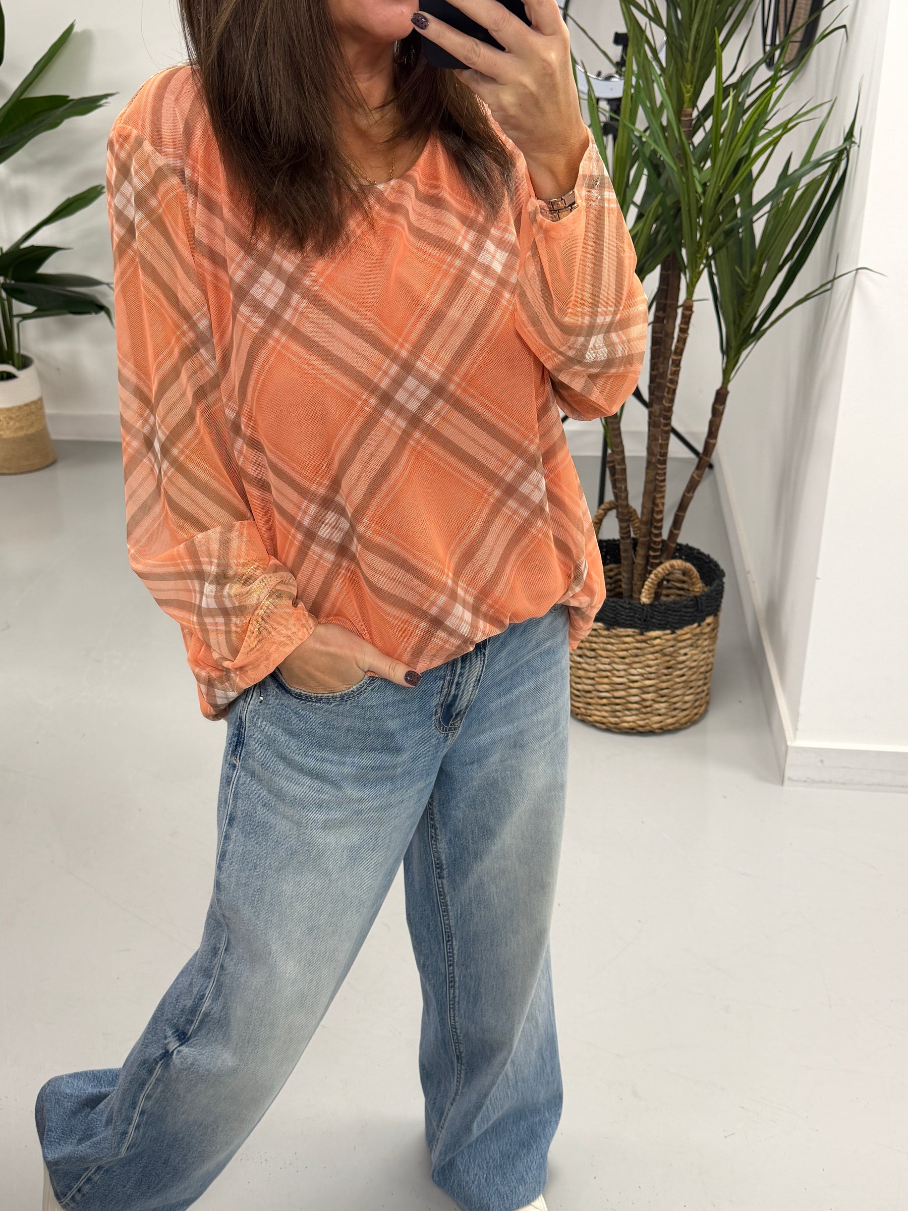 Layered Tartan Mesh Top - Tangerine