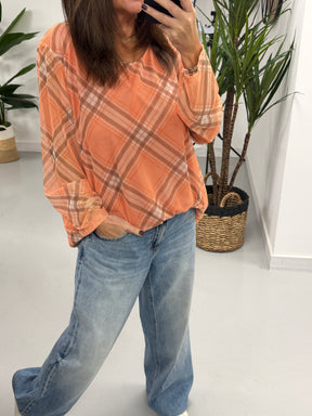 Layered Tartan Mesh Top - Tangerine
