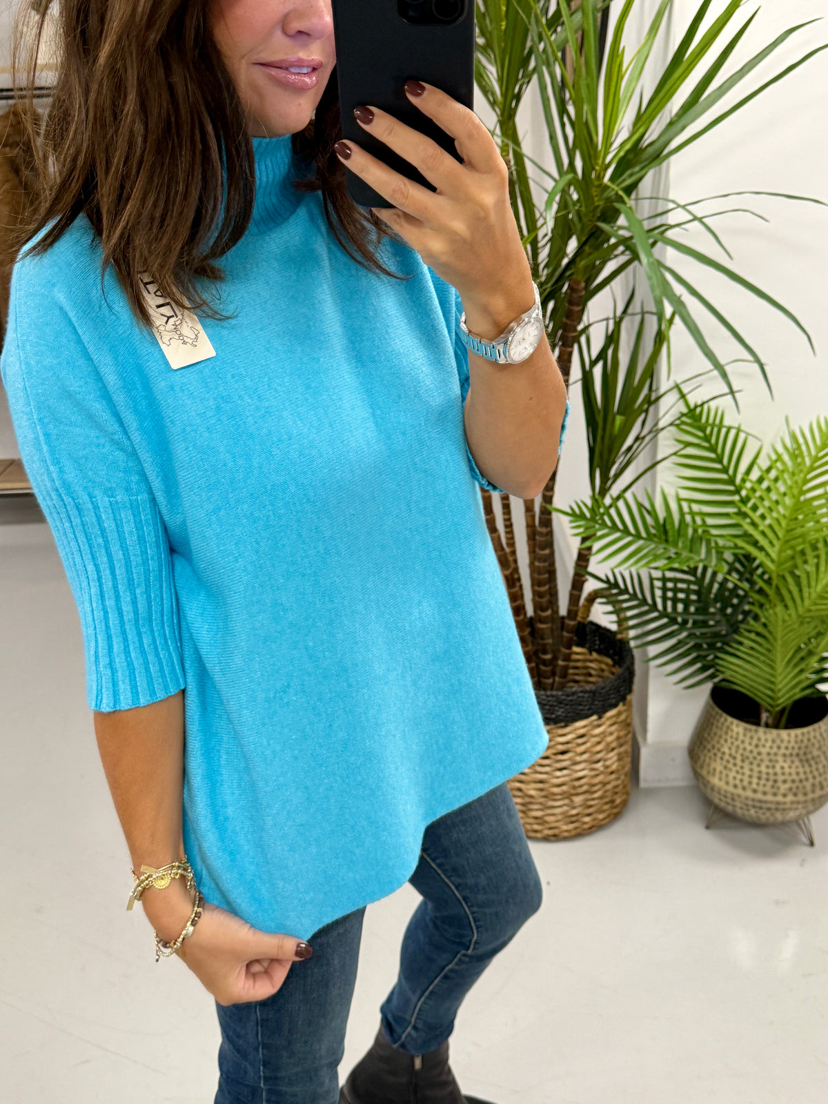 Crop Sleeve Knit - Turquoise