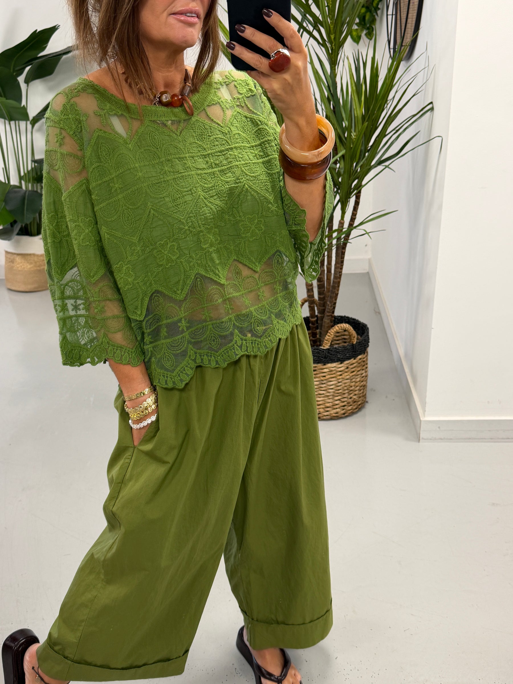 Seville Lace Top - Olive Green