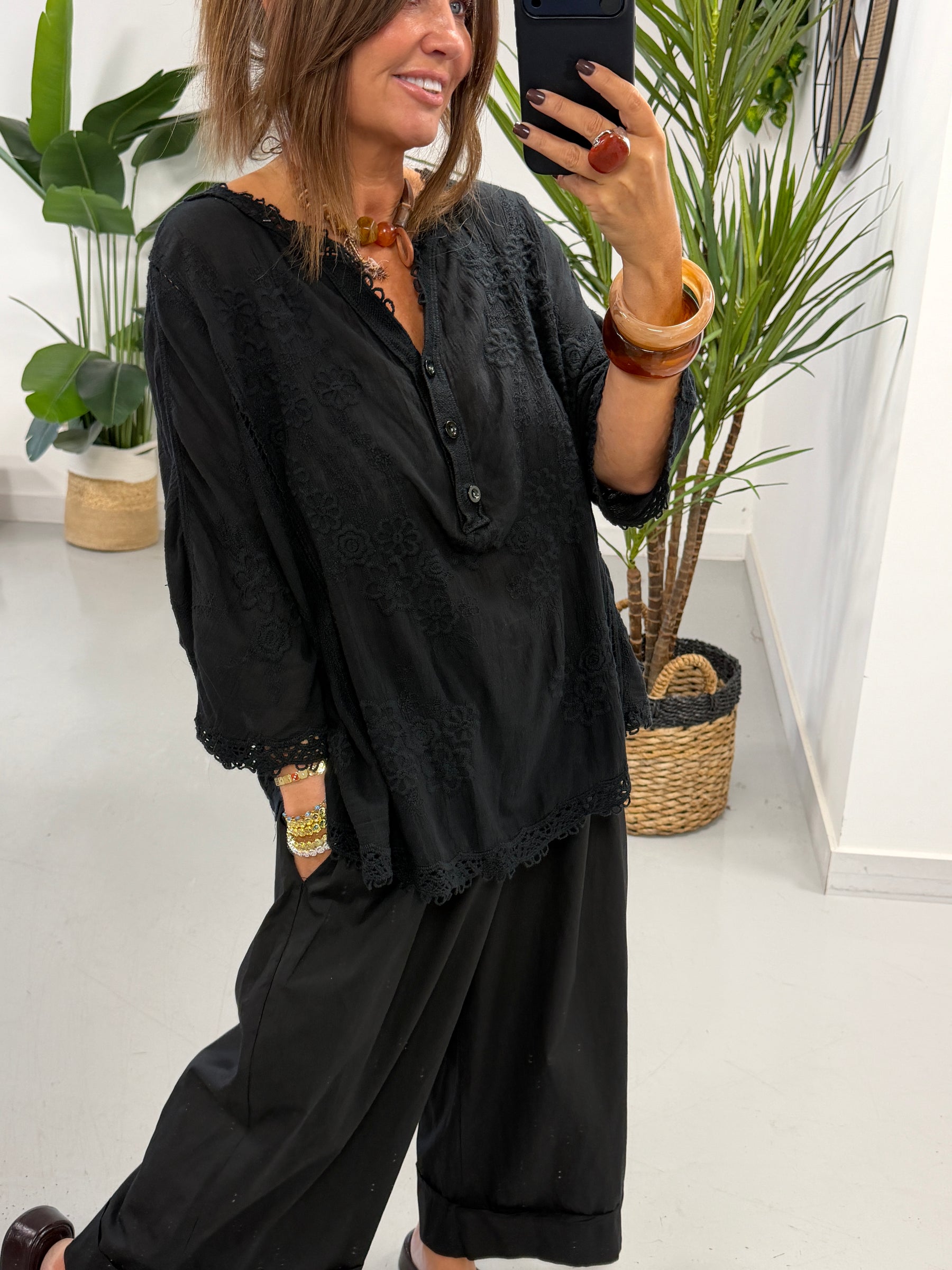 Seville Lace Button Up Top  - Black