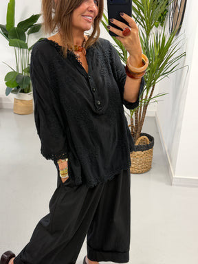 Seville Lace Button Up Top  - Black