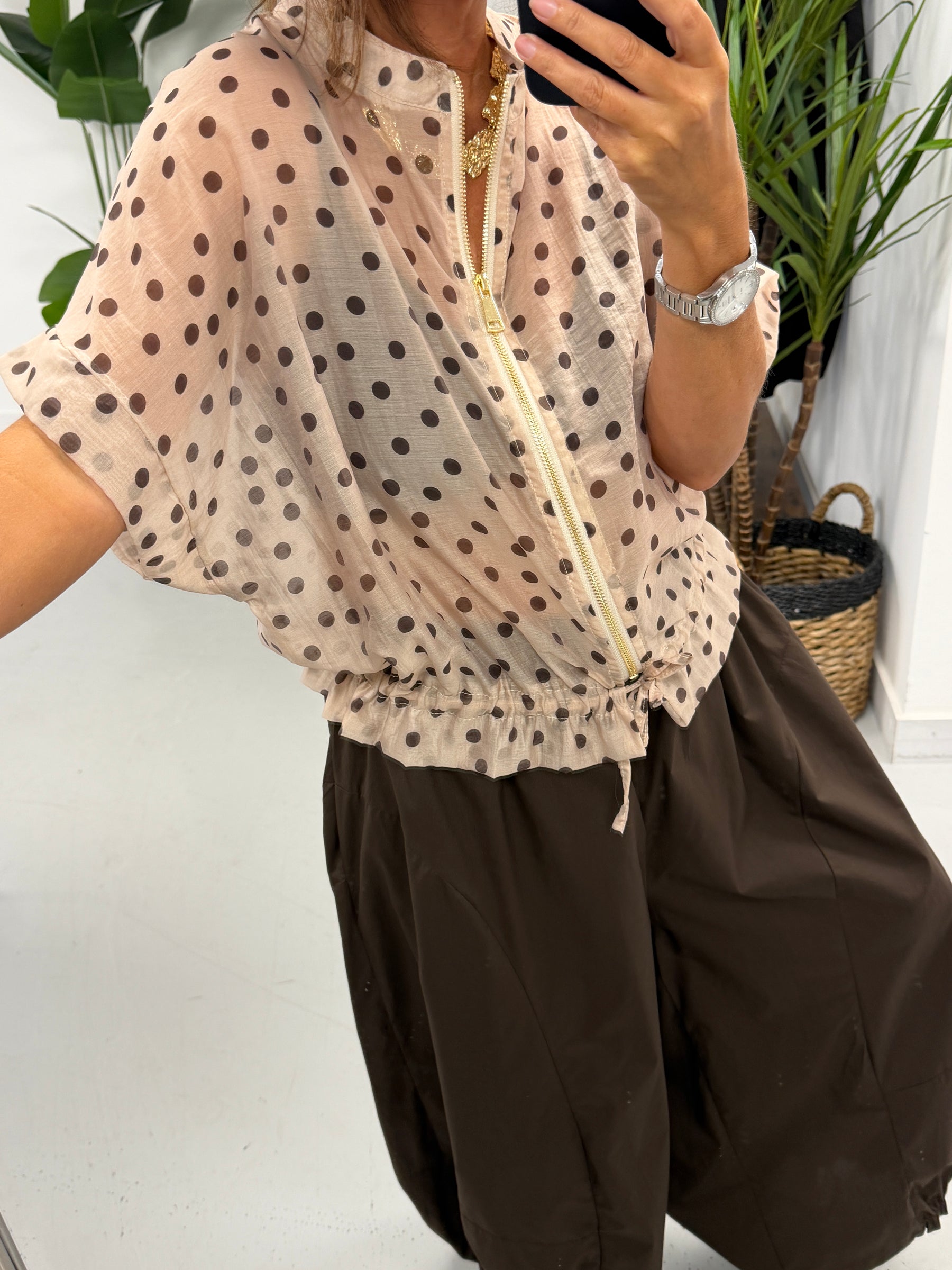 Lightweight Cropped Sleeve Jacket - Light Polka