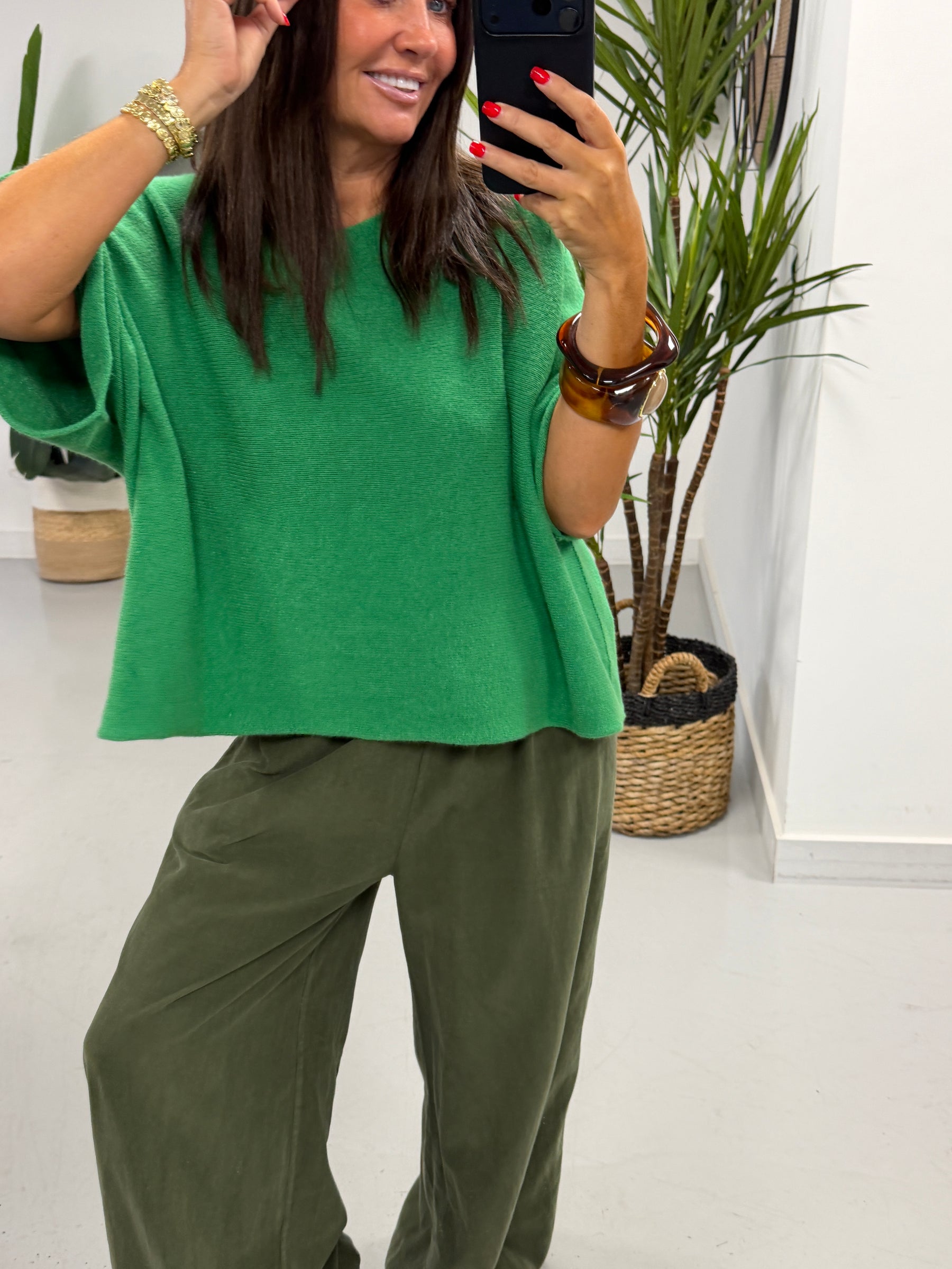 Gracie Crop Sleeve Knit - Emerald Green