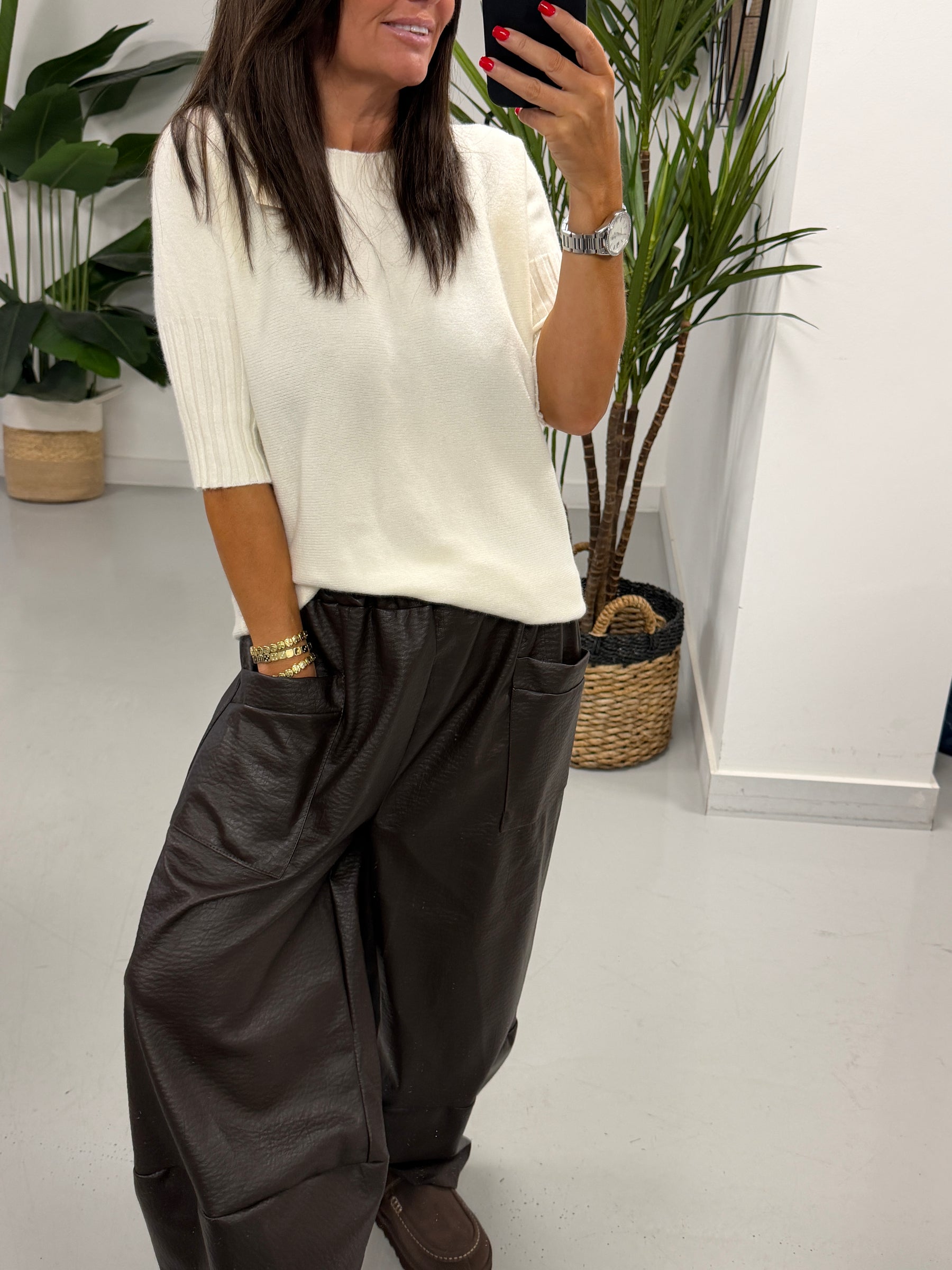 The Grained PU Tulip Trousers - Chocolate