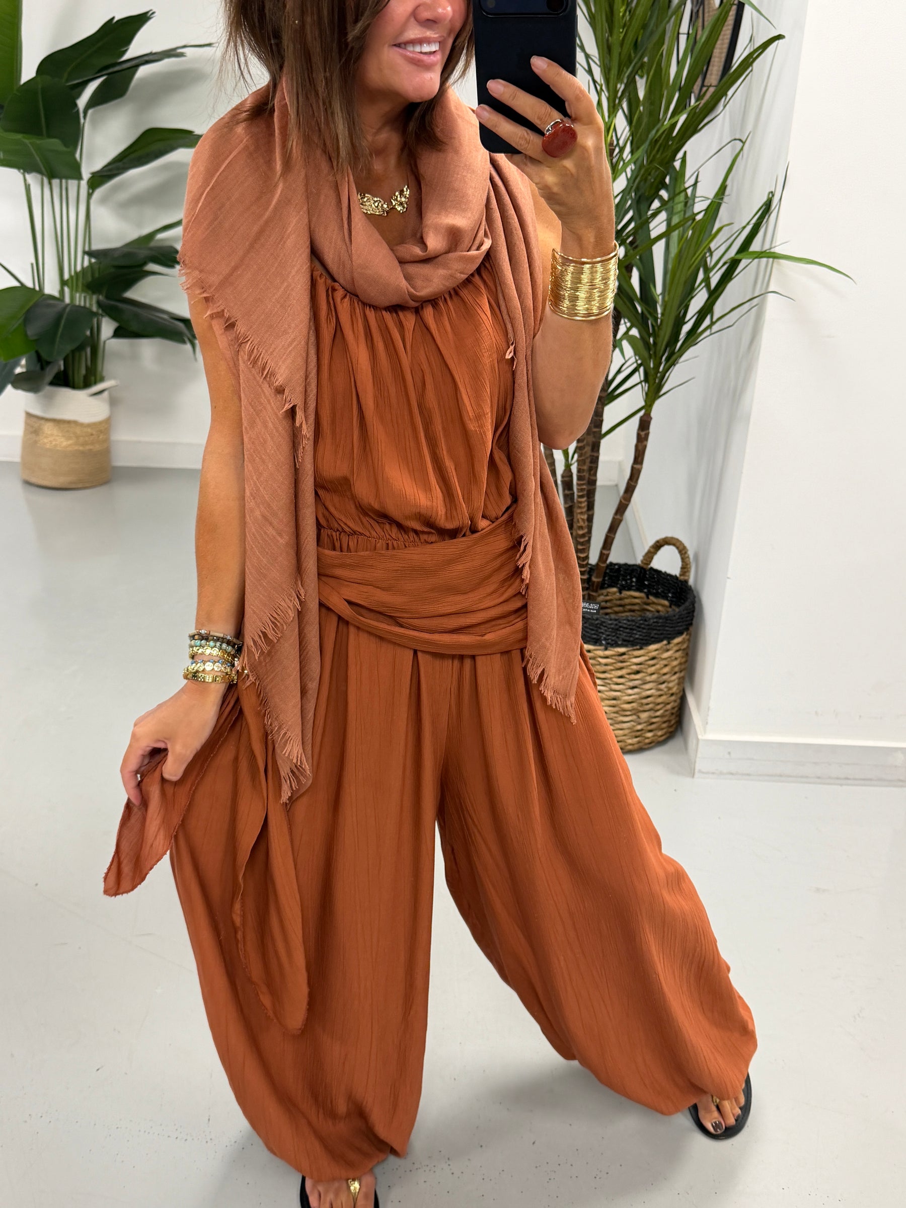 Wrap Crinkle Balloon Jumpsuit - Rust